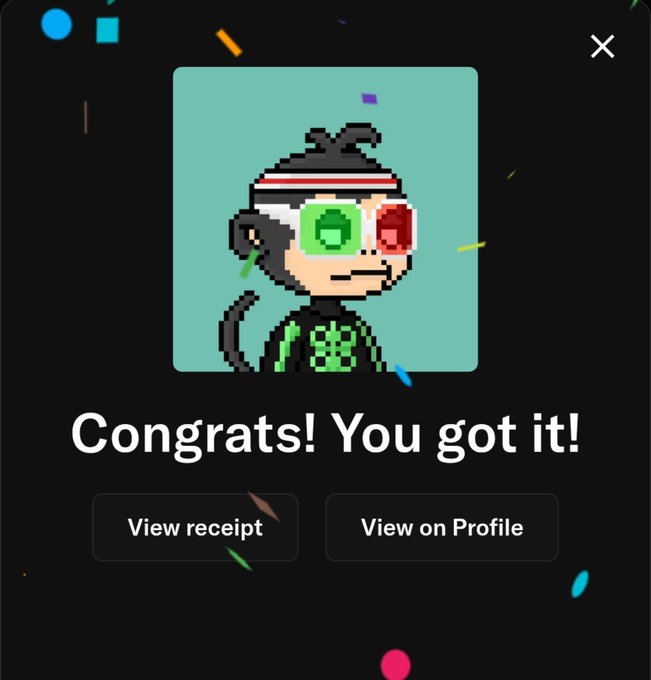 A digital confirmation screen displaying a pixel-art monkey NFT avatar with the message 'Congrats! You got it!' and buttons to 'View receipt' or 'View on Profile'.