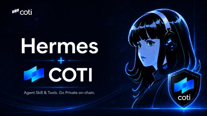 The image features a poster for the company Hermes, which is an open source project that allows users to create private wallets and send encrypted messages. The poster also includes information about the COTI network and the rewards available for users who contribute to the project. The text on the poster reads "Hermes by @NousResearch just got on-chain privacy Every Hermes agent can now create private wallets, send encrypted messages, and earn $COTI rewards".