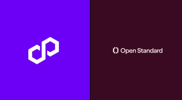 The image displays a split design with a vibrant purple background on the left featuring a white hexagonal logo, alongside a dark background on the right with "Open Standard" text and its matching logo.

This visual represents the Open Standard (OUSD) token, which the post identifies as an institutional-grade payment infrastructure backed by major firms like Visa, Mastercard, and Coinbase, now being confirmed for deployment on the Polygon network.