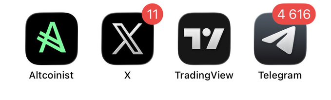 The image displays four app icons with notification badges: Altcoinist (green logo), X (with 11 notifications), TradingView, and Telegram (with 4,616 notifications), reinforcing the post's message about Altcoinist's public accessibility and community engagement across multiple platforms where anyone can gain exposure to the token's upside.