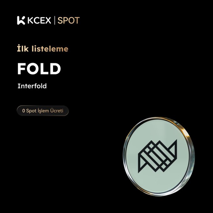A promotional graphic from KCEX Spot announces the first listing of $FOLD (Interfold), featuring the token's geometric cube logo on a black background alongside text indicating "İlk listeleme FOLD" and "0 Spot İşlem Ücreti" (0 spot trading fee).
