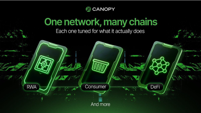The image is a promotional graphic for Canopy (@CNPYNetwork) featuring the tagline "One network, many chains — Each one tuned for what it actually does," displaying three illustrated smartphone icons labeled "RWA," "Consumer," and "DeFi" with a note "And more," visually reinforcing the message that the network offers specialized chains tailored to different application types rather than a one-size-fits-all blockchain.