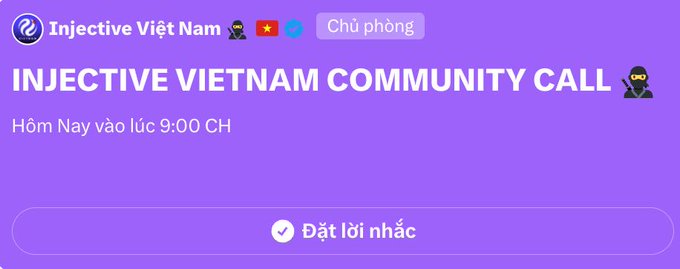 The image shows a purple banner with white text that reads "Injective Việt Nam sẽ on mic Anh em đừng ngần giơ tay mở mic để cùng tham gia và trao đổi nha!! @InjectiveVN_ x.com/i/spaces/1qKVm". The image is related to the post because it features a purple banner with white text, which is part of an Instagram post that includes a caption in Vietnamese and English.