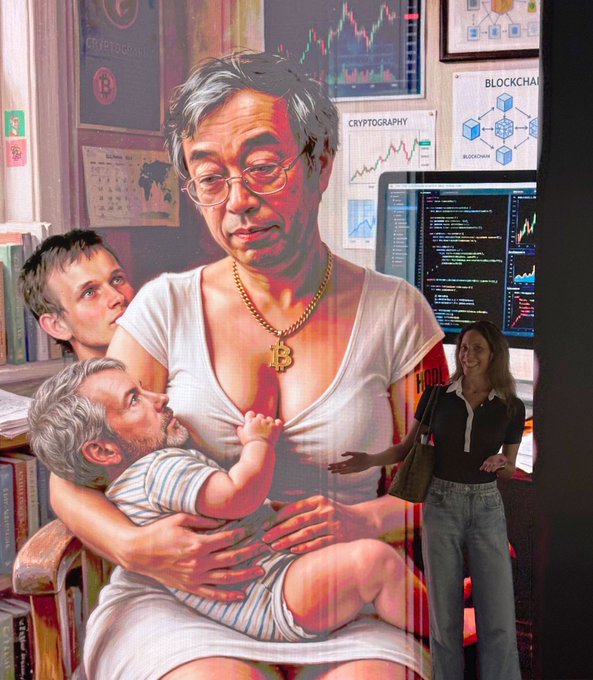 A satirical painting depicting an older man in a white undershirt wearing a Bitcoin necklace, holding a baby while nursing, with a woman nearby and walls covered in cryptocurrency charts, cryptography posters, and blockchain diagrams.
