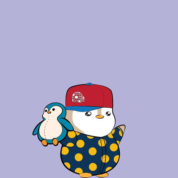 An illustration of a penguin wearing a red cap with an igloo logo and a dark blue shirt with yellow polka dots, holding a smaller penguin.