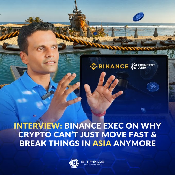 A promotional graphic featuring a man speaking alongside the logos for 'BINANCE' and 'COINFEST ASIA', with text reading 'INTERVIEW: BINANCE EXEC ON WHY CRYPTO CAN'T JUST MOVE FAST & BREAK THINGS IN ASIA ANYMORE' and a 'BITPINAS' logo.
