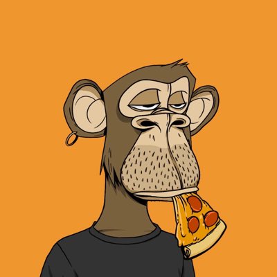 A cartoon Bored Ape Yacht Club NFT character with a bored expression eats a slice of pizza against an orange background, celebrating their acquisition of the digital collectible referenced in the post.