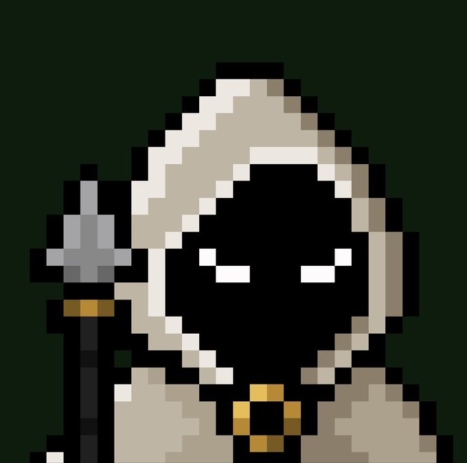 Pixel art illustration of a hooded figure with a dark, obscured face, holding a grey cross-shaped staff.