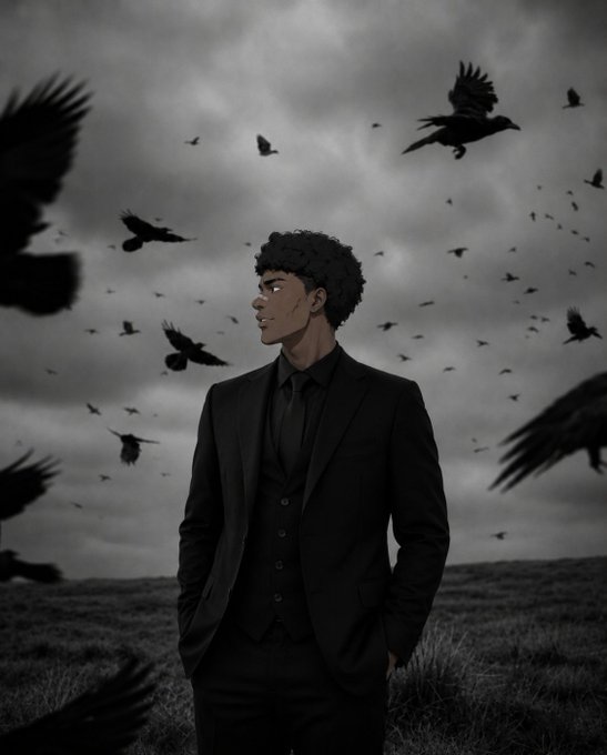 A dark anime-style illustration of a man in a black suit standing in a field under a cloudy sky with black crows flying around him.