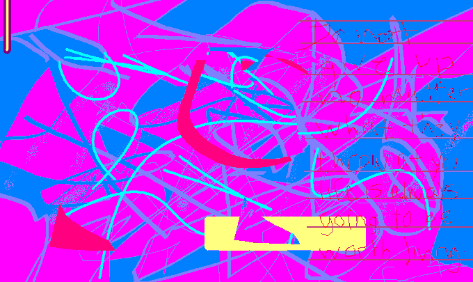 A colorful, abstract digital artwork with neon pink, blue, red, and yellow shapes and handwritten text fragments like 'wait', 'up', and 'nothing to it'.