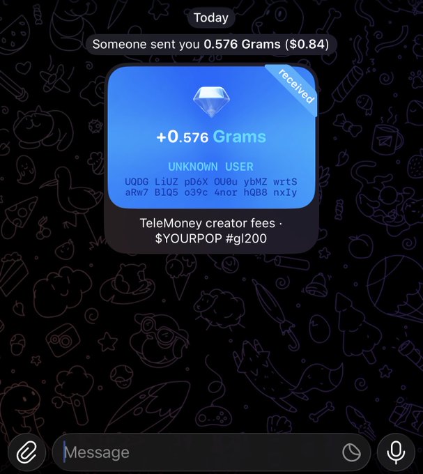 A Telegram messaging app notification showing that 'Someone sent you 0.576 Grams ($0.84)' from an UNKNOWN USER, appearing to be a TeleMoney crypto transfer.