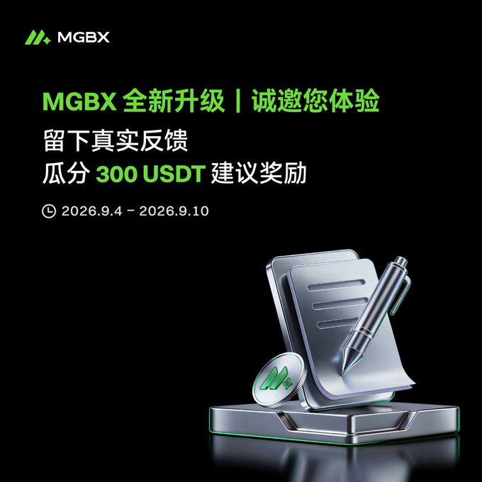 A promotional banner for MGBX featuring Chinese text about a new upgrade experience, offering 300 USDT in rewards for feedback, with a 3D rendered image of a document and pen next to an M coin.