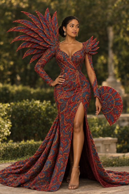 A model poses outdoors in an elaborate red and blue patterned gown featuring dramatic wing-like shoulder extensions, a high thigh slit, and a matching fan accessory.