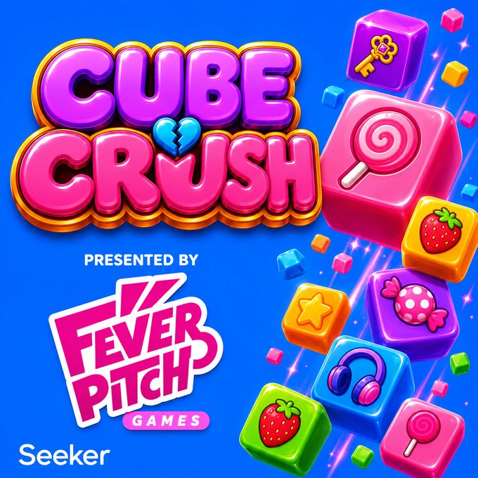 Promotional artwork for "Cube Crush" presented by Fever Pitch Games, featuring colorful candy-themed cubes with strawberries, lollipops, headphones, and keys against a blue background, with a broken heart replacing the "U" in "Crush." The image ties to the post as a teaser for the crypto-themed match-3 puzzle game launching on Solana Mobile, branding it as the "Candy Crush of Crypto."
