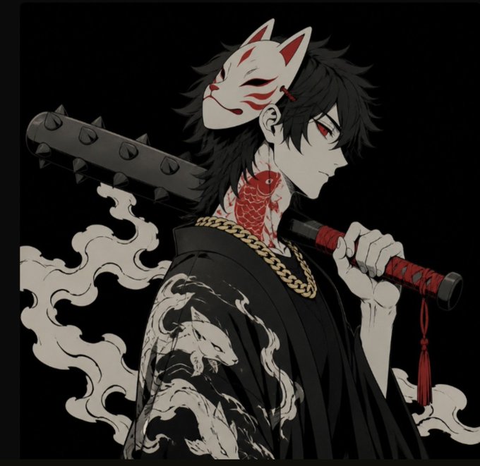An anime-style illustration of a dark-haired character wearing a fox mask and carrying a spiked club over his shoulder, with a red koi fish tattoo and dragon design on his black robe.