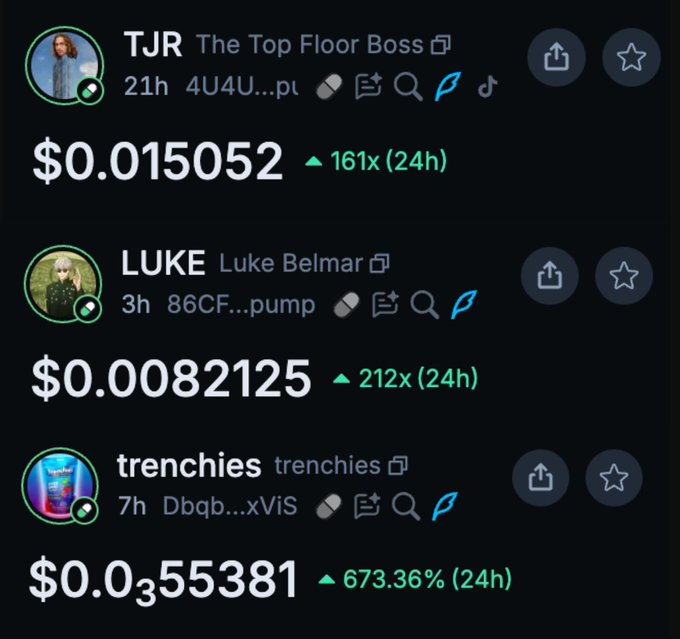The image shows a crypto tracking app displaying three meme coins with significant 24-hour gains: $TJR (The Top Floor Boss) up 161x at $0.015052, $LUKE (Luke Belmar) up 212x at $0.0082125, and $trenchies up 673.36% at $0.0355381, illustrating the post's point about coins launched by crypto influencers following Ansem's lead.