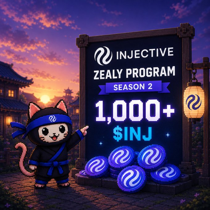 The image features a ninja cat mascot pointing at a sign advertising the Injective Zealy Program Season 2, which highlights a 1,000+ $INJ monthly reward pool. The pixel-art aesthetic, sunset backdrop, and stacked blue INJ coins reinforce the post's announcement about the launch of the program and its increased rewards.