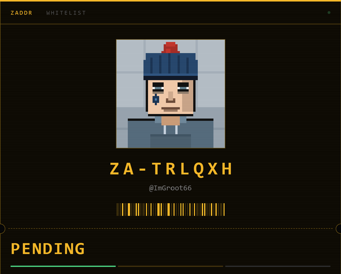A digital interface displays a pixel art character with a red pom-pom beanie, alongside the code "ZA-TRLQXH", username "@ImGroot66", and a barcode under a "ZADDR WHITELIST" header marked "PENDING".