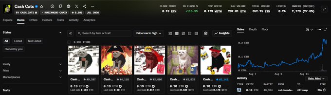 A dashboard for the NFT collection 'Cash Cats' displaying market statistics, a floor price of 0.19 ETH, and a price chart over the past 36 days.