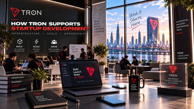 A promotional display for TRON showing the headline 'HOW TRON SUPPORTS STARTUP DEVELOPMENT' with sections for BUILD, SCALE, and GROW, alongside images of laptops and merchandise in a modern office setting overlooking a city skyline.