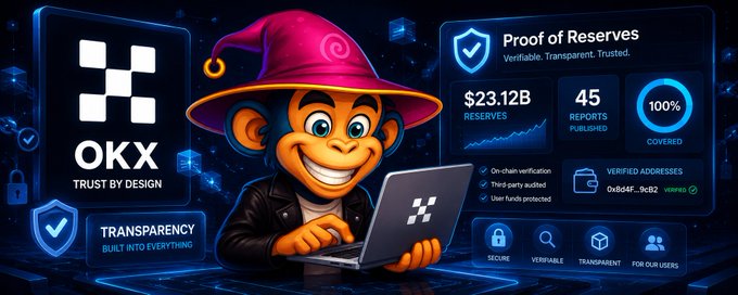 A promotional graphic for OKX cryptocurrency exchange featuring a cartoon monkey mascot in a wizard hat using a laptop, alongside 'Proof of Reserves' stats including '$23.12B RESERVES' and '45 REPORTS PUBLISHED'.