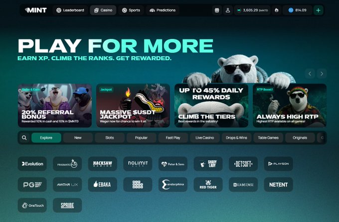 A screenshot of the MINT online casino platform homepage featuring 'PLAY FOR MORE', showing promotions like '20% REFERRAL BONUS' and 'UP TO 45% DAILY REWARDS' with various game providers listed.