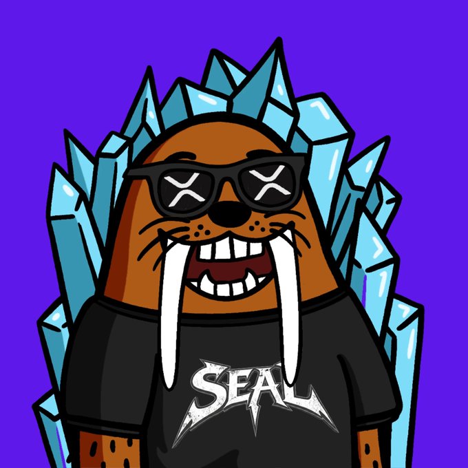 A cartoon illustration depicts a walrus wearing black sunglasses with X's for eyes and a "SEAL" band t-shirt, sitting on a blue ice throne against a purple background.