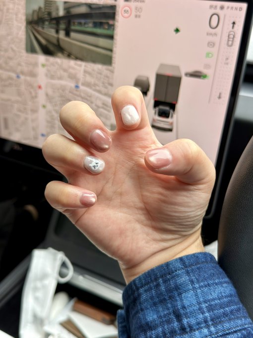 A freshly manicured hand with pearlescent pink and white polish featuring a cute Chiikawa Halloween design is displayed in front of a Tesla's dashboard, which shows a speed of 0 km/h. The post mentions the user's first manicure experience in Tokyo, with the adorable nail art matching the "Halloween limited edition Chiikawa" character mentioned in the caption.