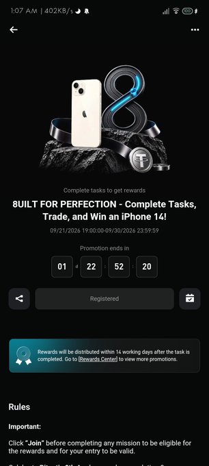 A smartphone screenshot of a promotion for '8U' advertising 'BUILT FOR PERFECTION - Complete Tasks, Trade, and Win an iPhone 14!' with a countdown timer showing 1 day, 22 hours, 52 minutes, and 20 seconds remaining.