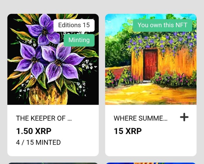An NFT marketplace listing displaying two artwork cards: 'THE KEEPER OF...' priced at 1.50 XRP with 4/15 minted and a 'Minting' status, and 'WHERE SUMME...' priced at 15 XRP marked with 'You own this NFT'.