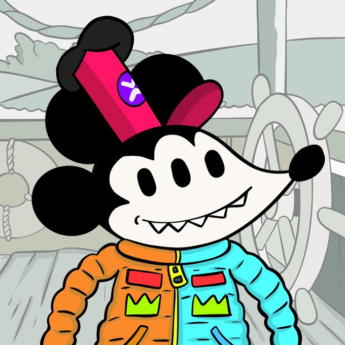 A cartoon illustration of a Mickey Mouse-like character wearing a red cap and a colorful patchwork jacket, standing in front of a ship's wheel.