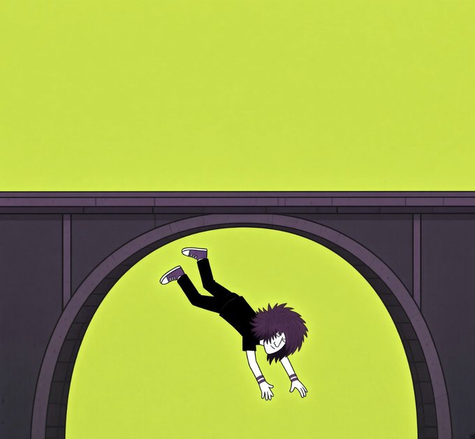 A cartoon-style illustration of a character with spiky purple hair and black clothing floating upside down under a purple stone archway against a bright green background.