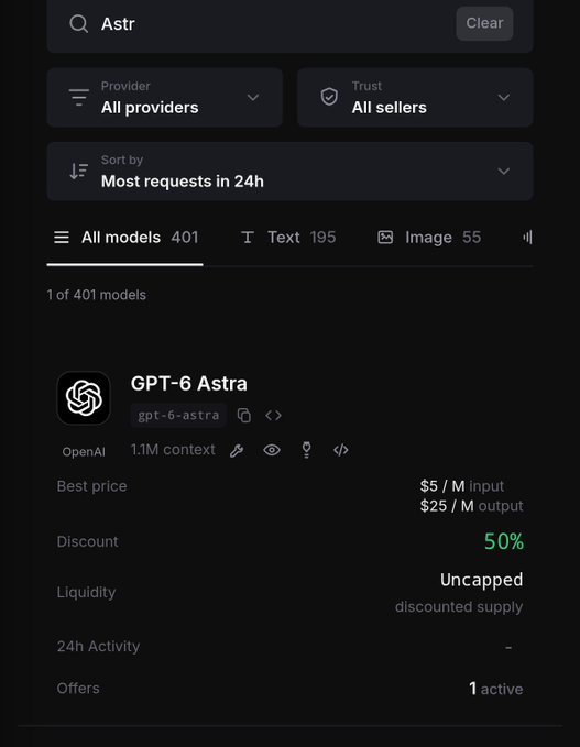 A mobile app interface showing pricing details for the GPT-6 Astra model by OpenAI, listed at $5/M input and $25/M output with a 50% discount.