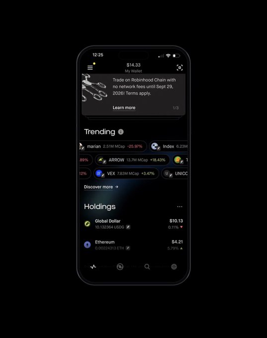 A cryptocurrency wallet app displays a balance of $14.33 with holdings including Global Dollar ($10.13) and Ethereum ($4.21), along with a trending section highlighting $VEX at 7.83M MCap (+3.47%), which aligns with the post's mention of $VEX in the context of an agentic capital market.