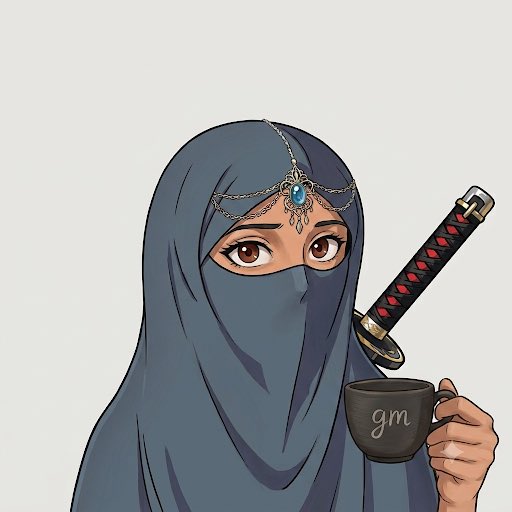 A person in a hijab and headpiece holds a coffee mug with "gm" on it, while a katana rests behind them, perfectly setting the tone for a weekend greeting.