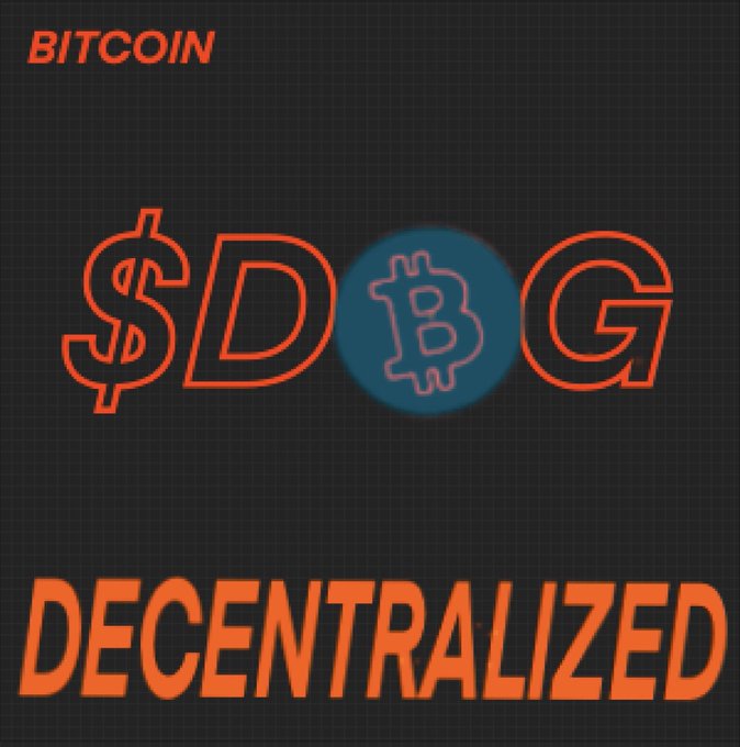 A graphic with an orange '$DOG' text where the 'O' is replaced by a blue Bitcoin logo, set against a dark grid background with the word 'DECENTRALIZED' in orange at the bottom and 'BITCOIN' at the top.