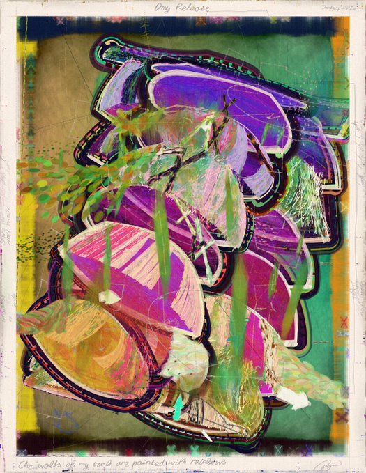 Abstract mixed-media artwork with bold purple, pink, and green brushstrokes resembling graffiti, featuring handwritten text including 'Dry Release' at top and 'The wells of my lord are painted with rainbows' at the bottom.