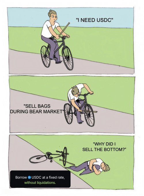 A three-panel meme shows a cyclist who says 'I NEED USDC,' then bends to 'SELL BAGS DURING BEAR MARKET,' and finally crashes asking 'WHY DID I SELL THE BOTTOM?', with an ad reading 'Borrow USDC at a fixed rate, without liquidations.'