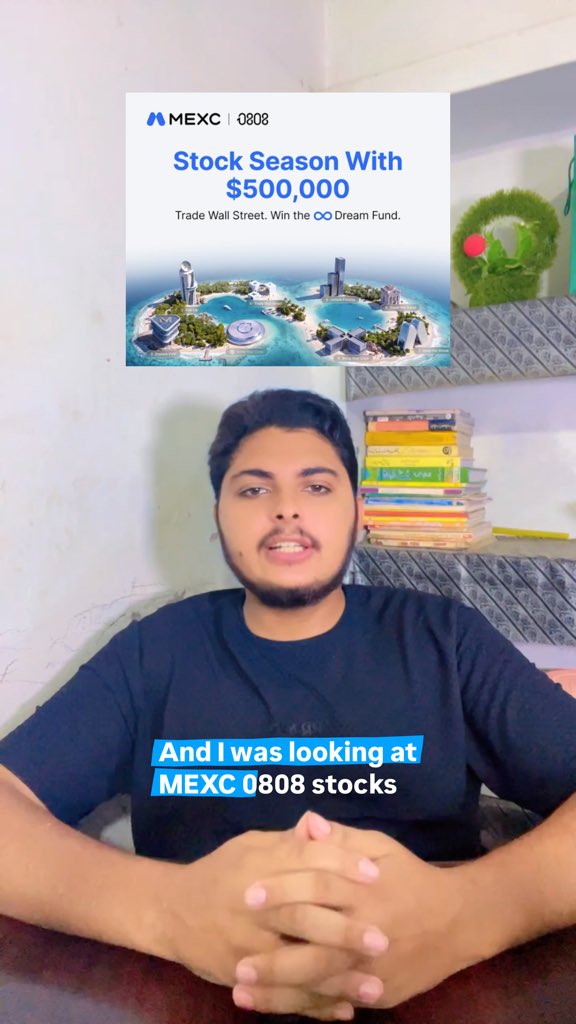A young man in a dark t-shirt speaks to the camera while an overlay advertises "MEXC 0808 Stock Season With $500,000 - Trade Wall Street. Win the Dream Fund," promoting a stock futures campaign with zero gas fees.
