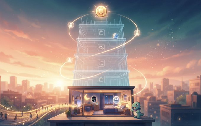 A digital illustration depicts a modern, two-story house with a transparent upper floor showing security and data icons, accompanied by a small dinosaur character on the rooftop against a sunset cityscape.