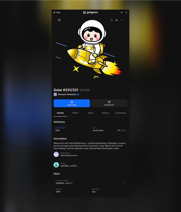 The image shows a screenshot of a social media page from the creator of the account, @VeVeOfficial. The page displays a list of attributes that include "SR #331/331" which seems to be an item within the pack mint. This description can be found in the text box at the bottom left corner of the screen. The post is about a character or illustration, possibly of a girl wearing a space suit, and it has been shared on various social media platforms, including Twitter, Instagram, and Facebook.
