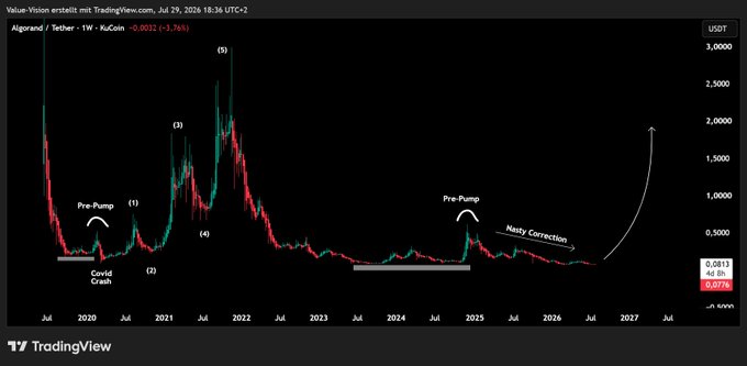A TradingView chart of the Algorand/Tether pair showing a massive price history from 2020 to 2026, annotated with 'Pre-Pump', 'Covid Crash', and 'Nasty Correction'.