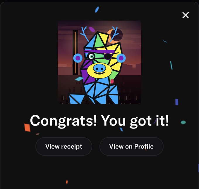 A celebratory pop-up message reading 'Congrats! You got it!' displays a colorful geometric cartoon character with reindeer antlers, alongside 'View receipt' and 'View on Profile' buttons.