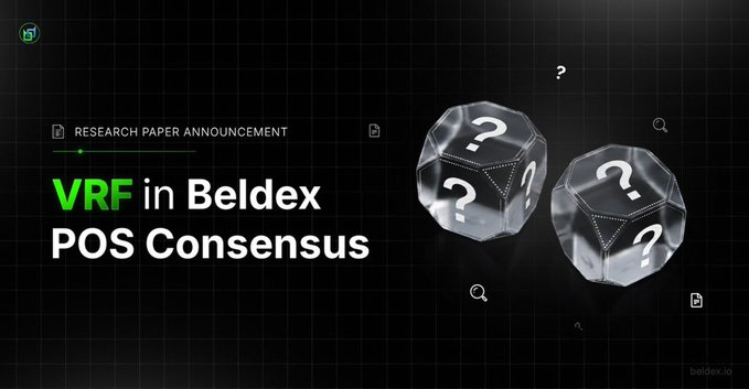 The image is a research paper announcement banner with a dark, gridded background featuring two glass-like dodecahedrons with white question marks on them. The text reads "RESEARCH PAPER ANNOUNCEMENT," "VRF in Beldex POS Consensus," and includes the "beldex.io" branding in the bottom right corner. The image appears unrelated to the post about new BDX bridging routes (SWFT Wallet, OmniBridge, and Bridgers), as it instead promotes a research paper about Verifiable Random Function (VRF) implementation in Beldex's Proof of Stake consensus mechanism.