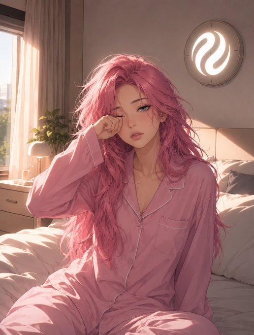 A young woman with long pink hair sits on a bed in pink pajamas, rubbing her eye sleepily in a softly lit bedroom with a neon logo on the wall. The drowsy morning mood mirrors the post's sleepy Tuesday vibe, capturing the tired but determined spirit of pushing forward toward future goals with $INJ.
