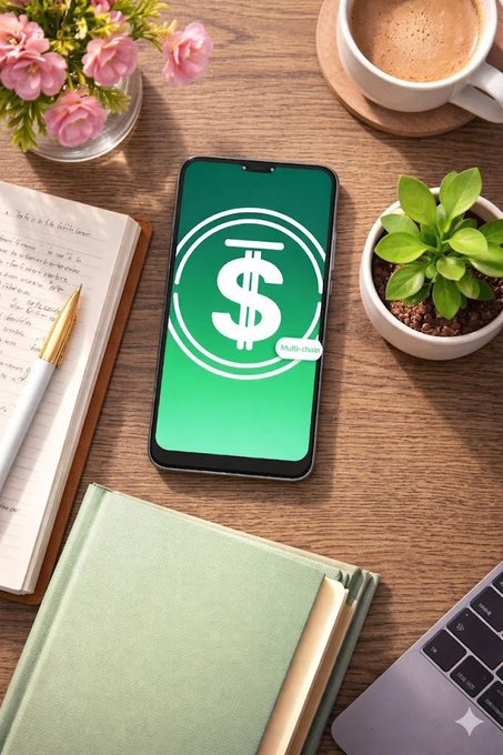 A flat-lay photo of a smartphone displaying a green dollar sign icon on a screen, surrounded by a notebook with handwritten notes, a pen, flowers, a potted plant, a green book, and a coffee cup on a wooden desk.