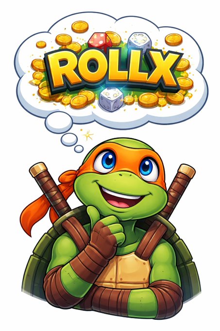 A cartoon Teenage Mutant Ninja Turtle with an orange mask thinks about a bubble that says 'ROLLX' filled with gold coins and dice.