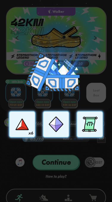 A mobile game screen showing a 'Stepnathon' event with a 42KM shoe-themed graphic, a treasure chest, and reward cards, with a 'Continue' button at the bottom.