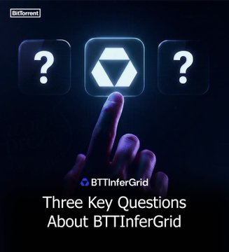 A hand reaches toward a central diamond icon flanked by two question marks, illustrating an article titled "Three Key Questions About BTTInferGrid." The visual reinforces the post's focus on exploring key inquiries about BitTorrent's decentralized AI infrastructure solution.