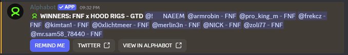 A Discord notification from the 'Alphabet' app listing winners for 'FNF x Hood RIGS - GTD' with various usernames and prize amounts in FNF tokens.